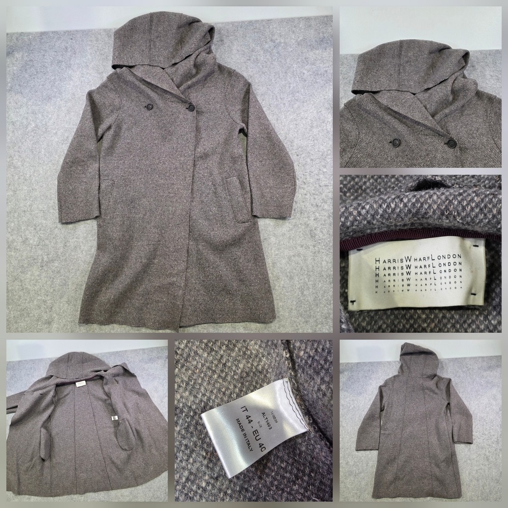 Harris Wharf London Coat Womens IT 44 EU 40 Gray Wool Hooded Overcoat‎